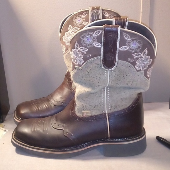 Justin Gypsy Floral Brown Leather Square Soft Toe Cowgirl Western Boots -Size 9B - Picture 2 of 15